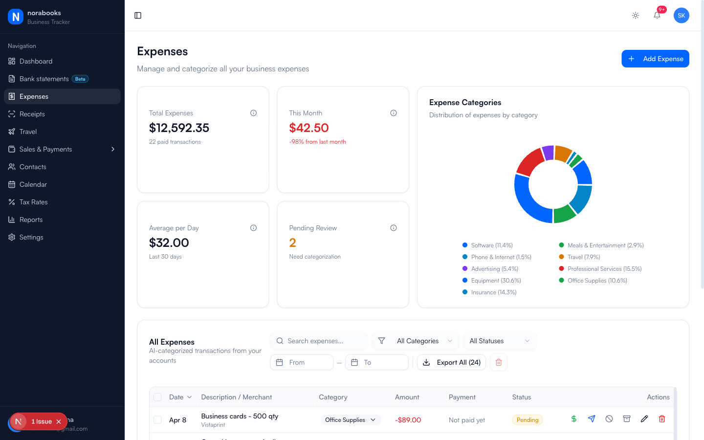 NORA expense tracker with donut chart showing spending by category