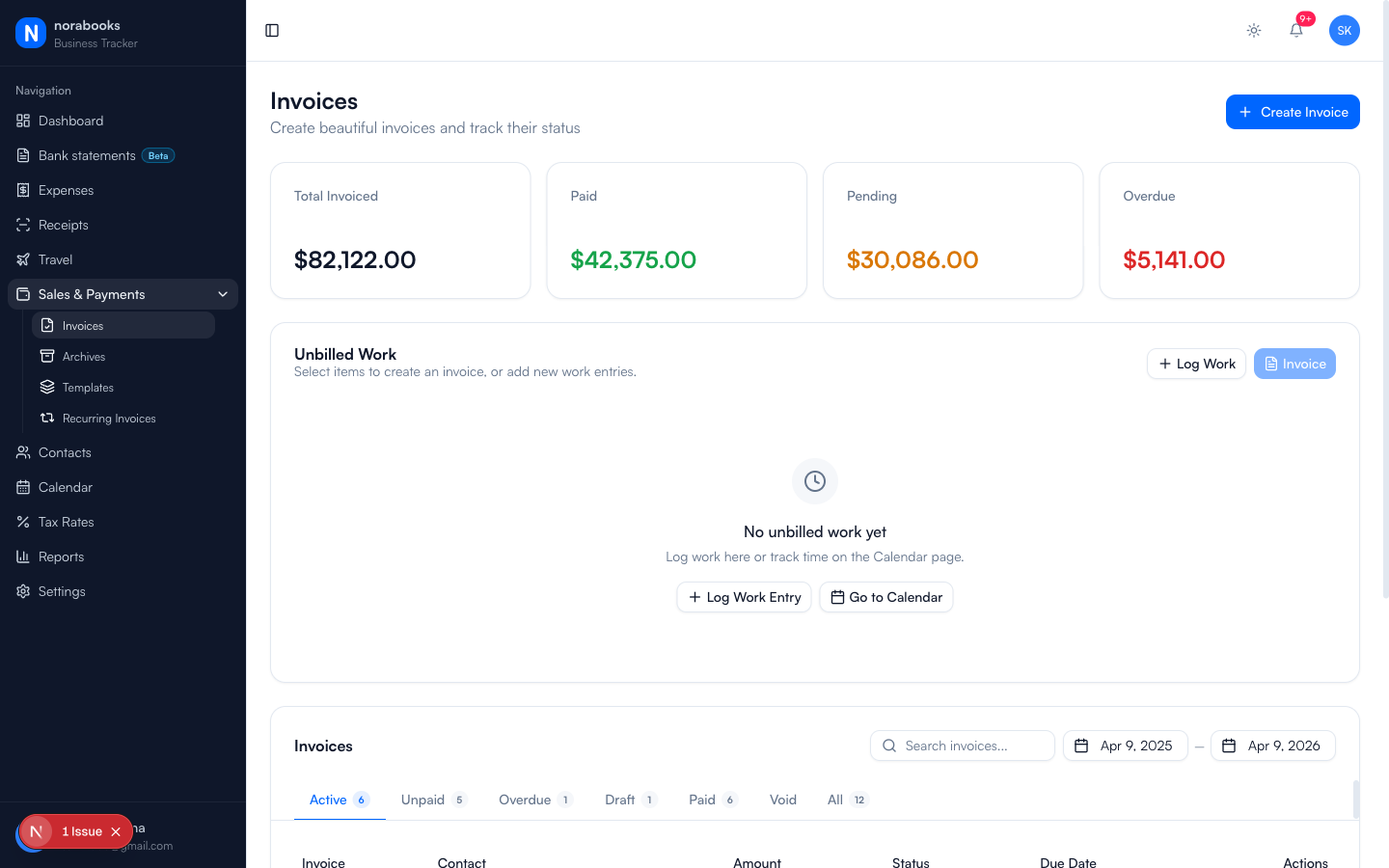 NORA invoicing dashboard with total invoiced, status cards, and invoice list